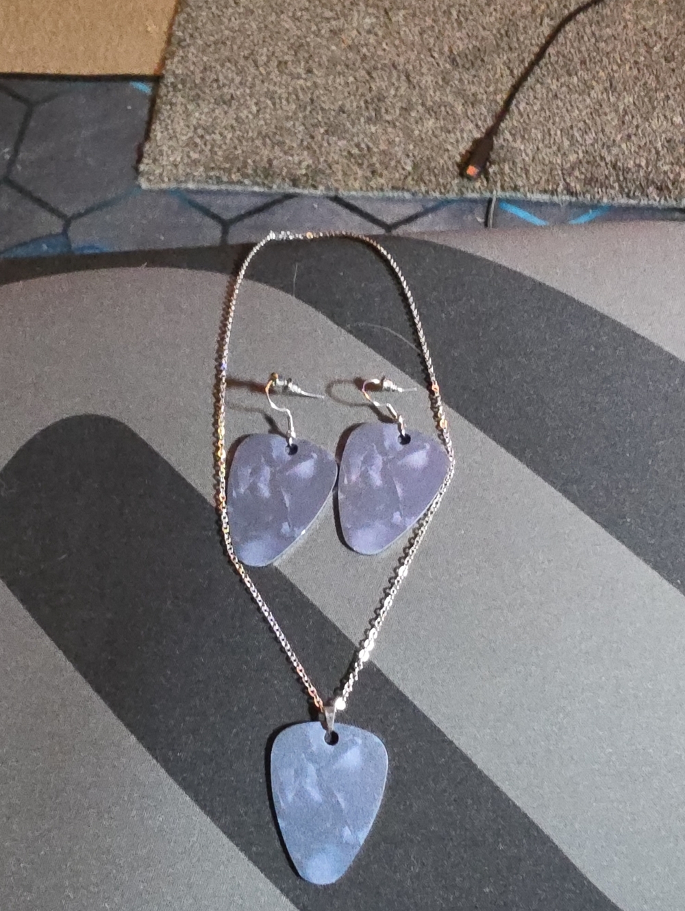 Purple Metal & Resin Guitar Pick Pendant Necklace with Matching Earrings